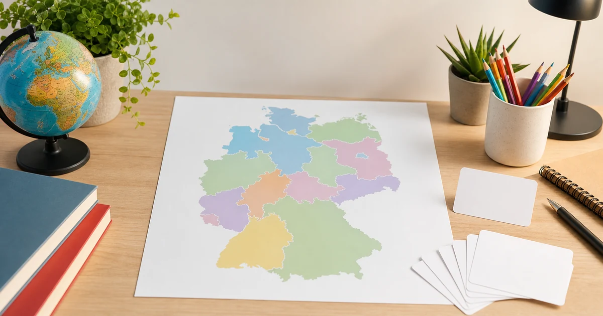 Cena de estudo de geografia com mapa sem nomes da Alemanha e cartões em branco