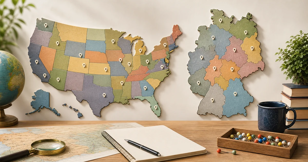 Abstract learning scene with unlabeled USA and Germany map challenges