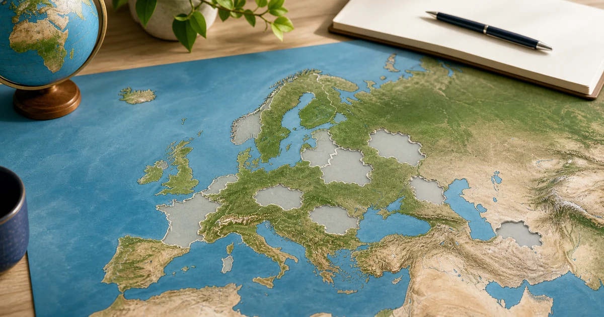 Unlabeled geography map with several country shapes fading away during a study session