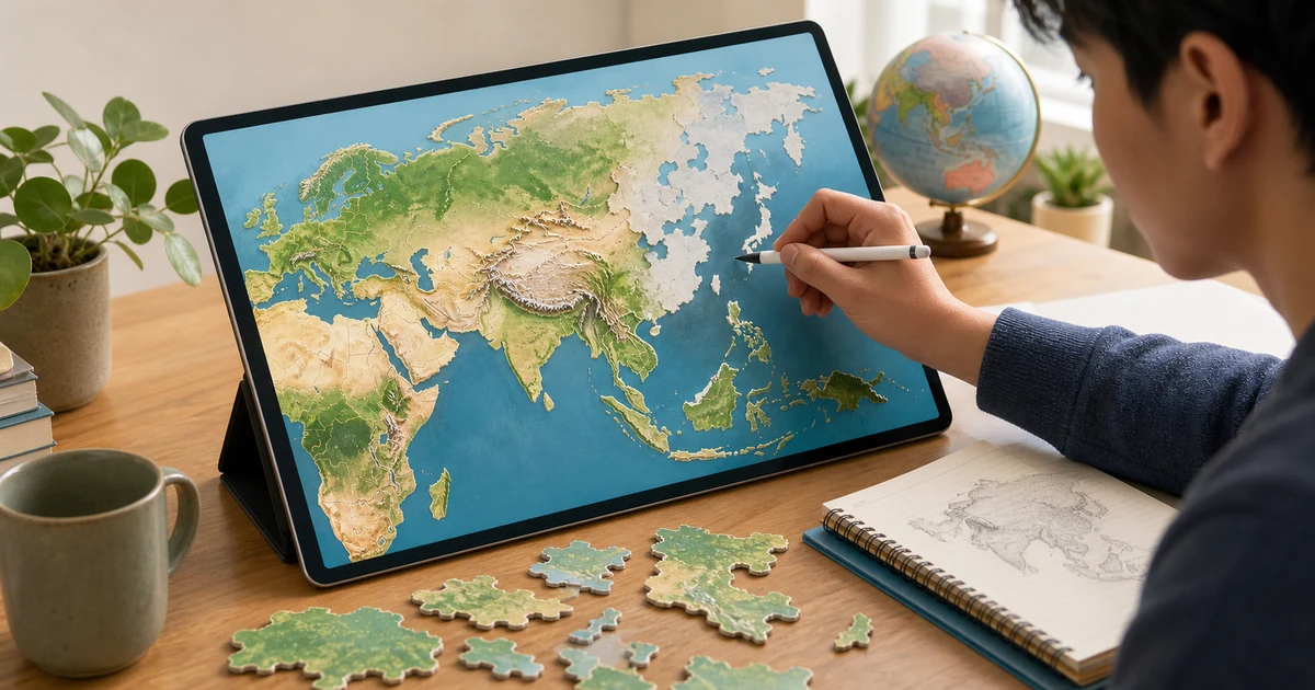 Learner studying an unlabeled Asia map with country shapes being erased