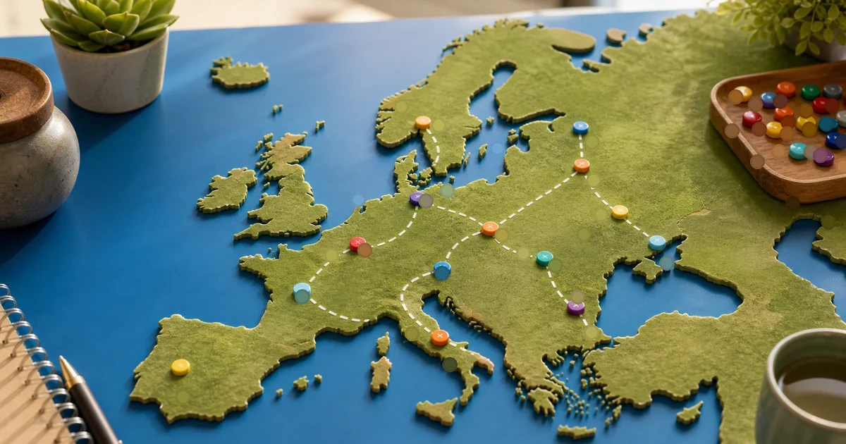 Europe map study scene with hidden-border practice markers