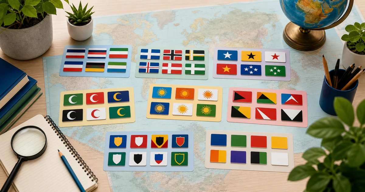 Flag study cards grouped by stripes, crosses, stars, symbols, and colors on a world map