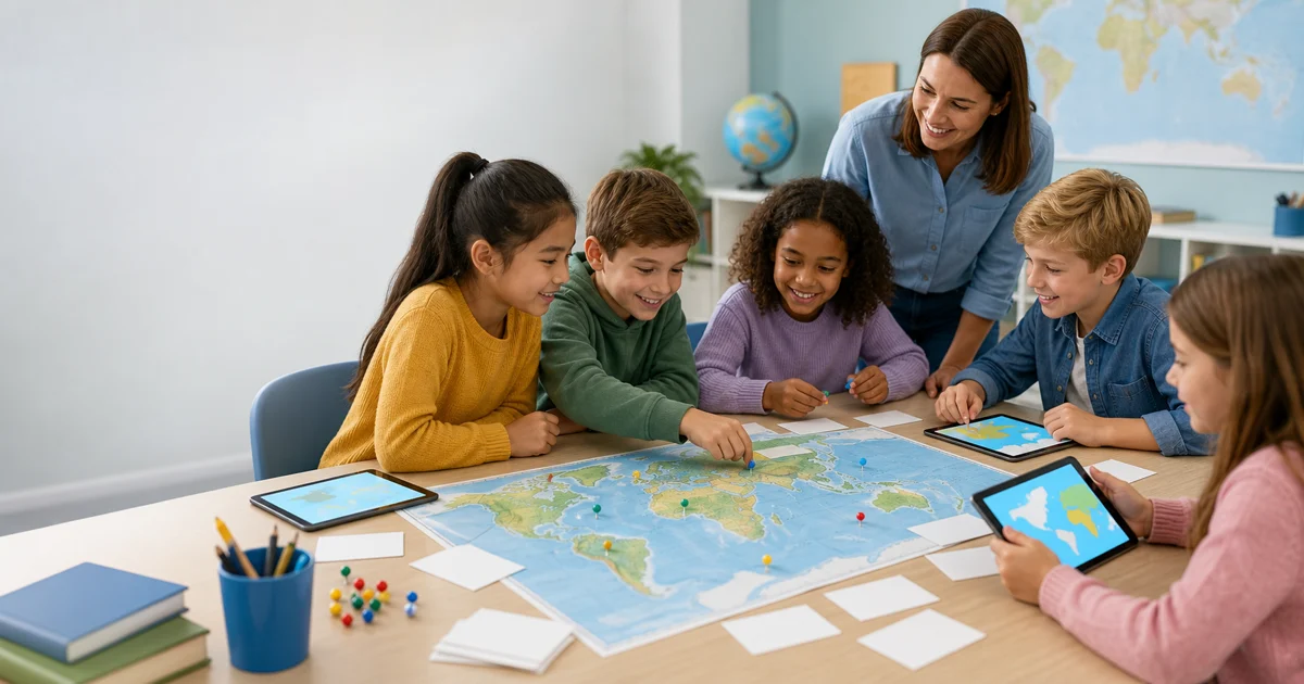 Teacher and students planning geography quiz activities around an unlabeled classroom map