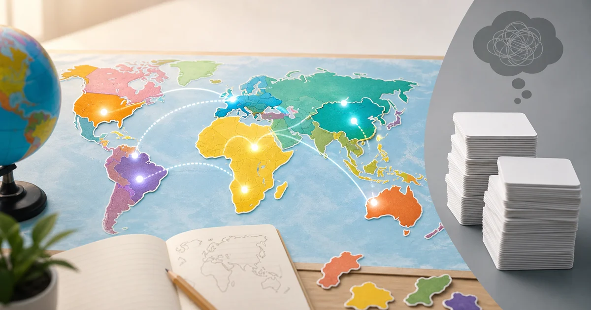 Colorful geography learning scene with an unlabeled world map and study cards