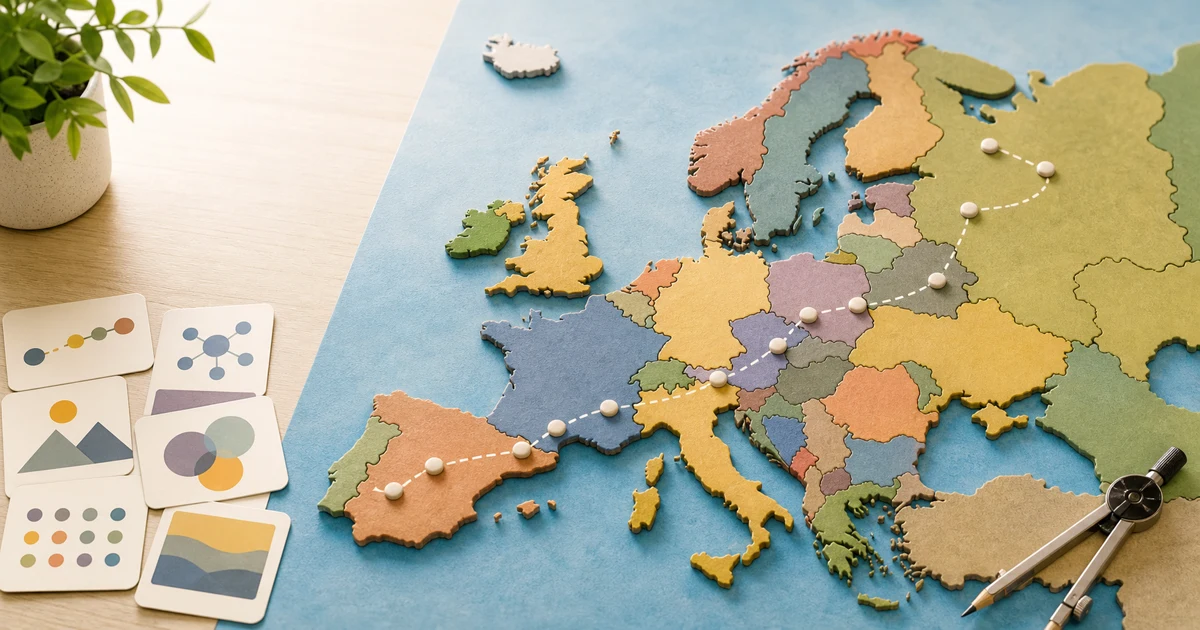 Colorful geography study scene with a Europe map and learning materials