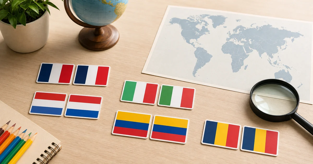 Bunte Lernszene mit ähnlichen Flaggenkarten und Weltkarte