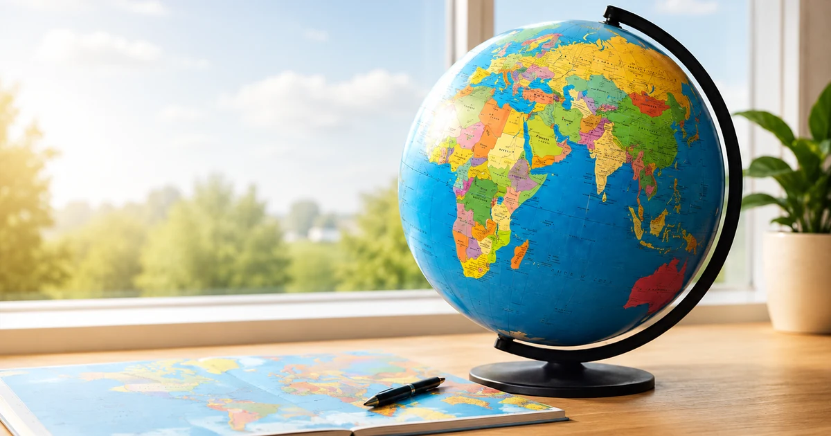 Colorful globe and world map on a desk for learning countries