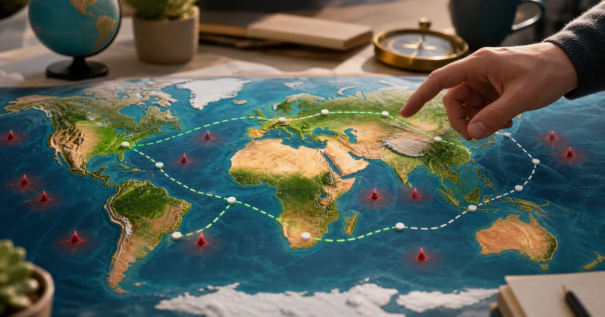 World map learning scene with safe paths and abstract danger markers